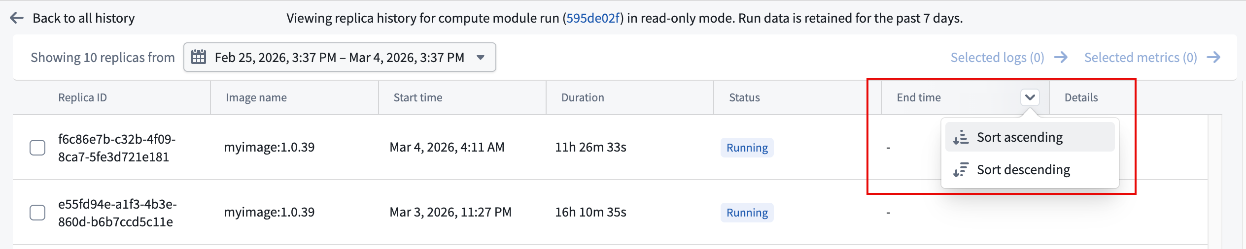 Compute module replica history sort by end time.