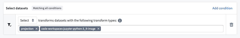 An example shows the transforms datasets selector.
