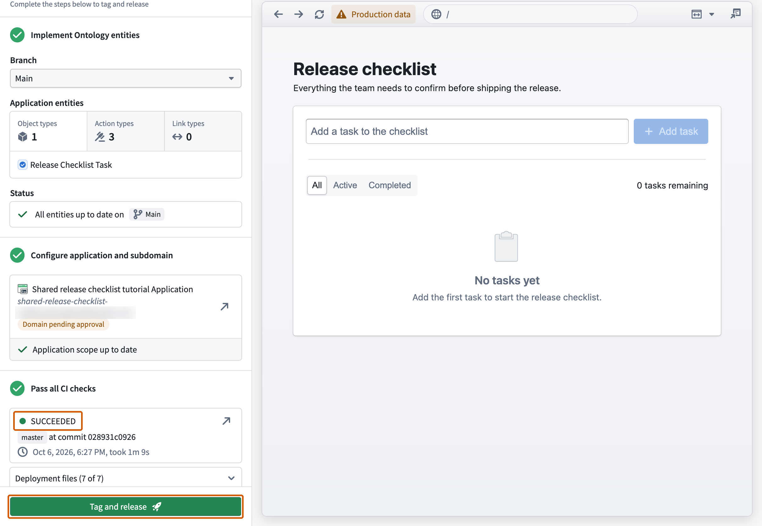 The deployment checklist shows successful CI and the Tag and release button while domain approval remains pending.