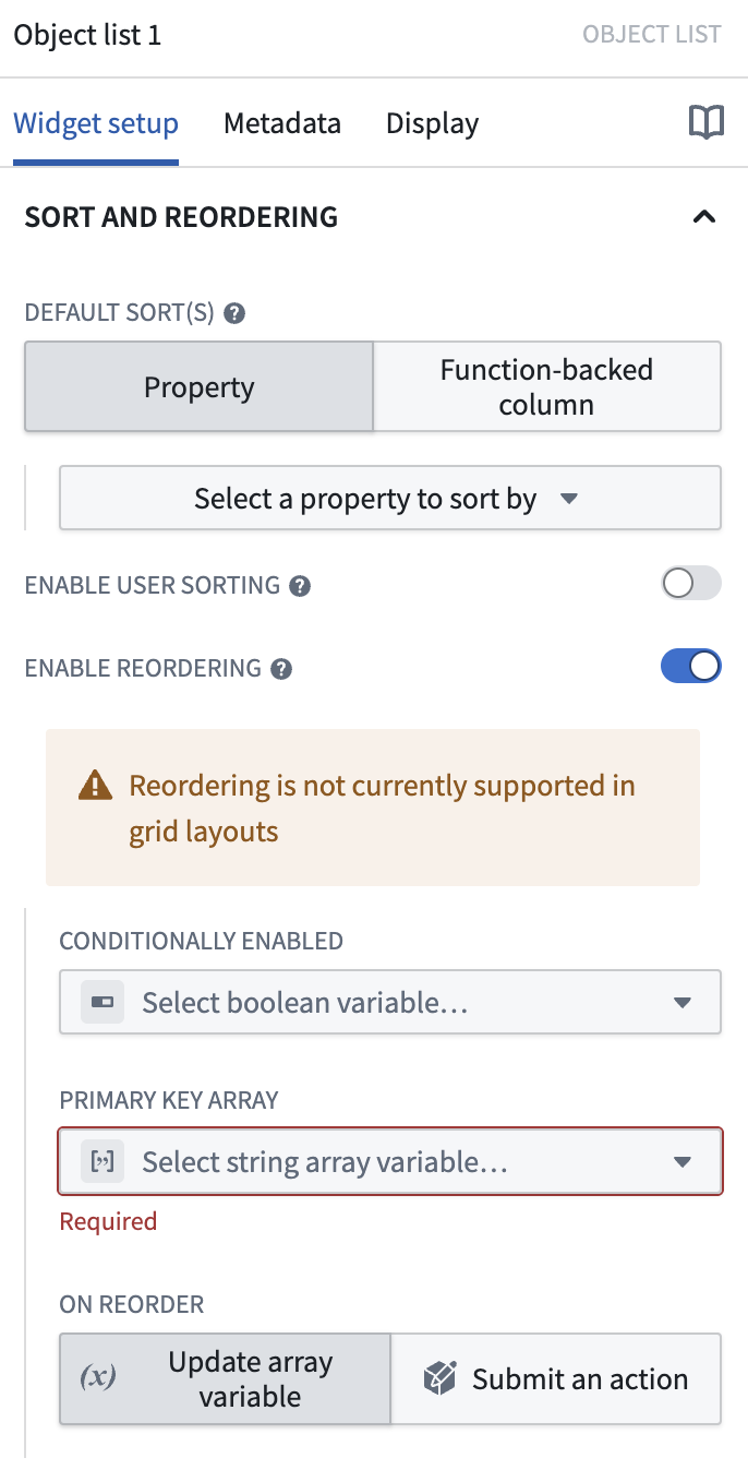 Object list widget reordering configuration fields.