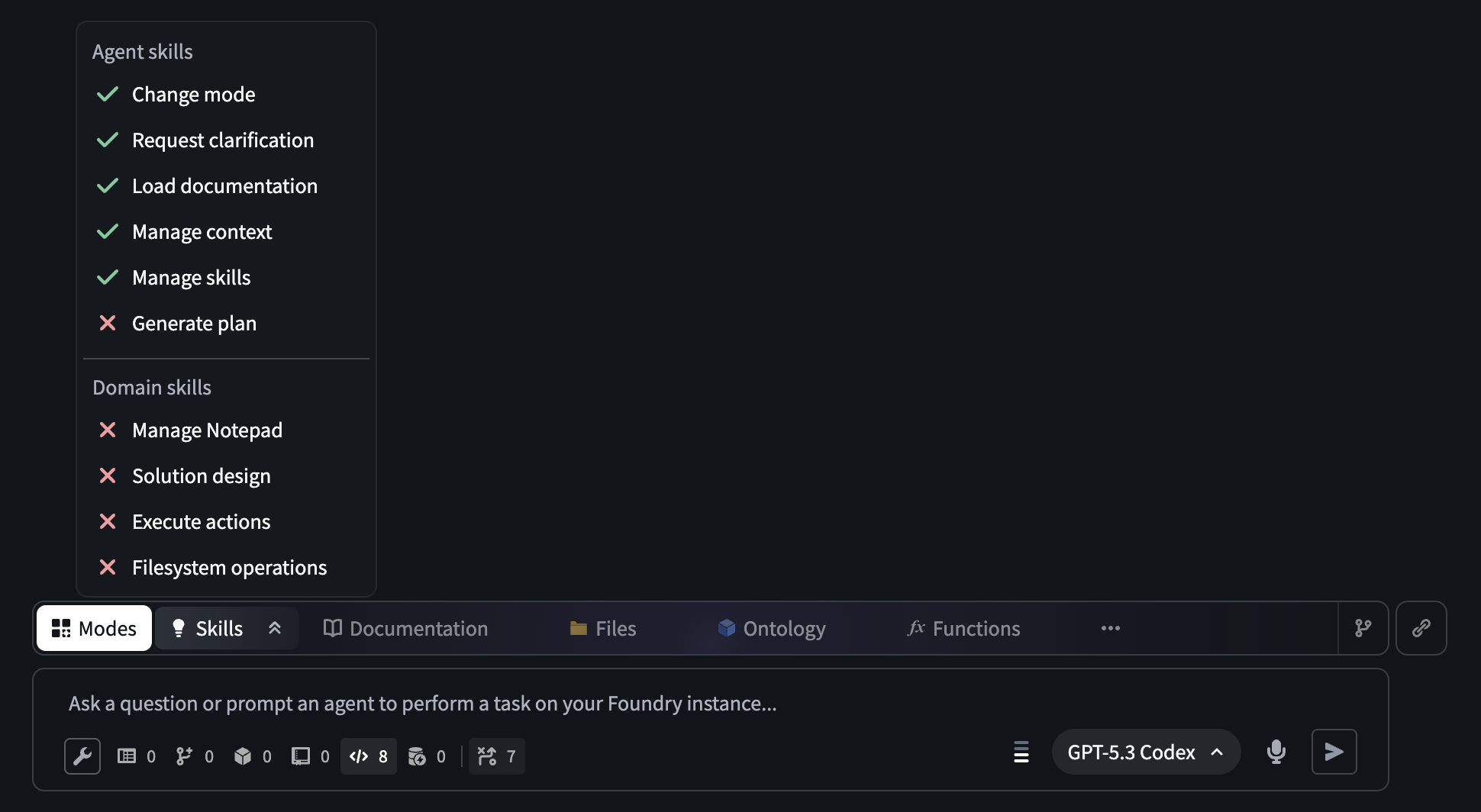 The AI FDE prompt input field. The open Skills menu displays the skills that are available to an agent in a given session