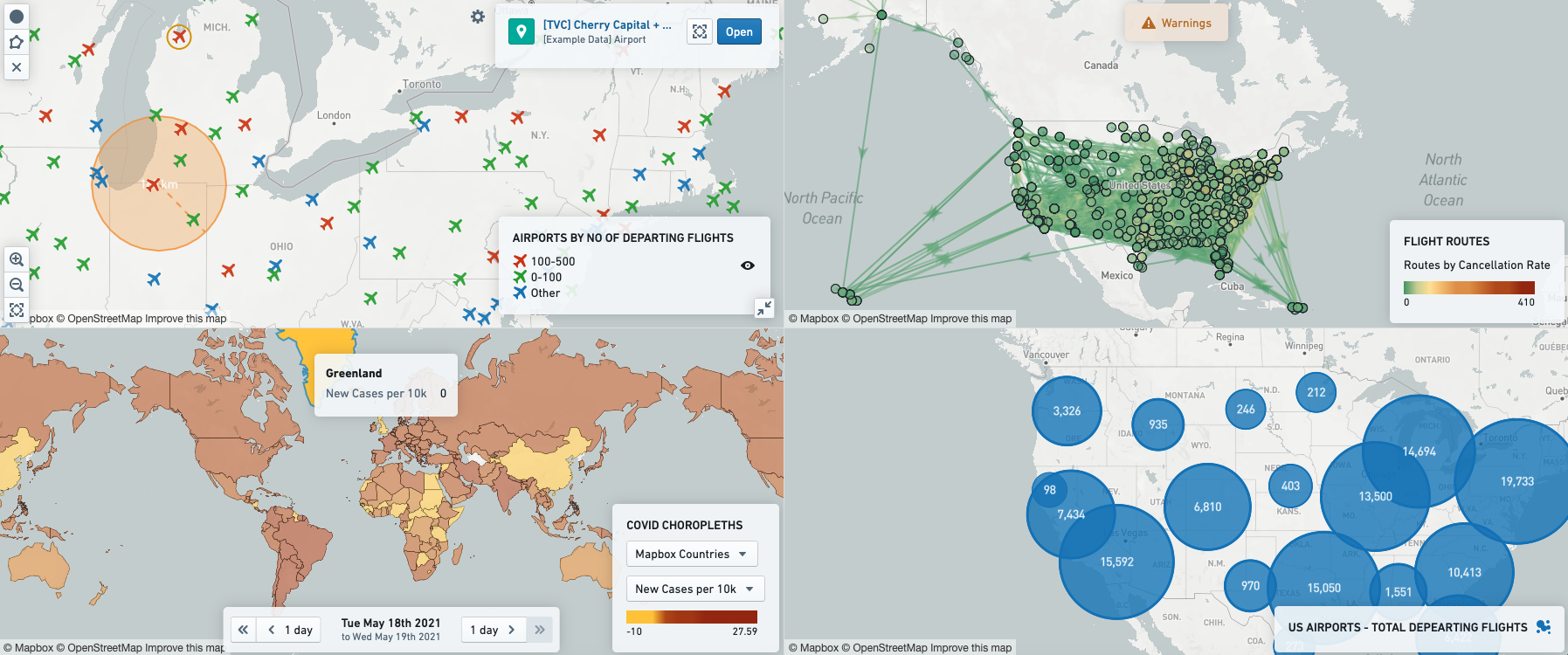 Four examples of the different layer types available in the Map [Legacy] widget.