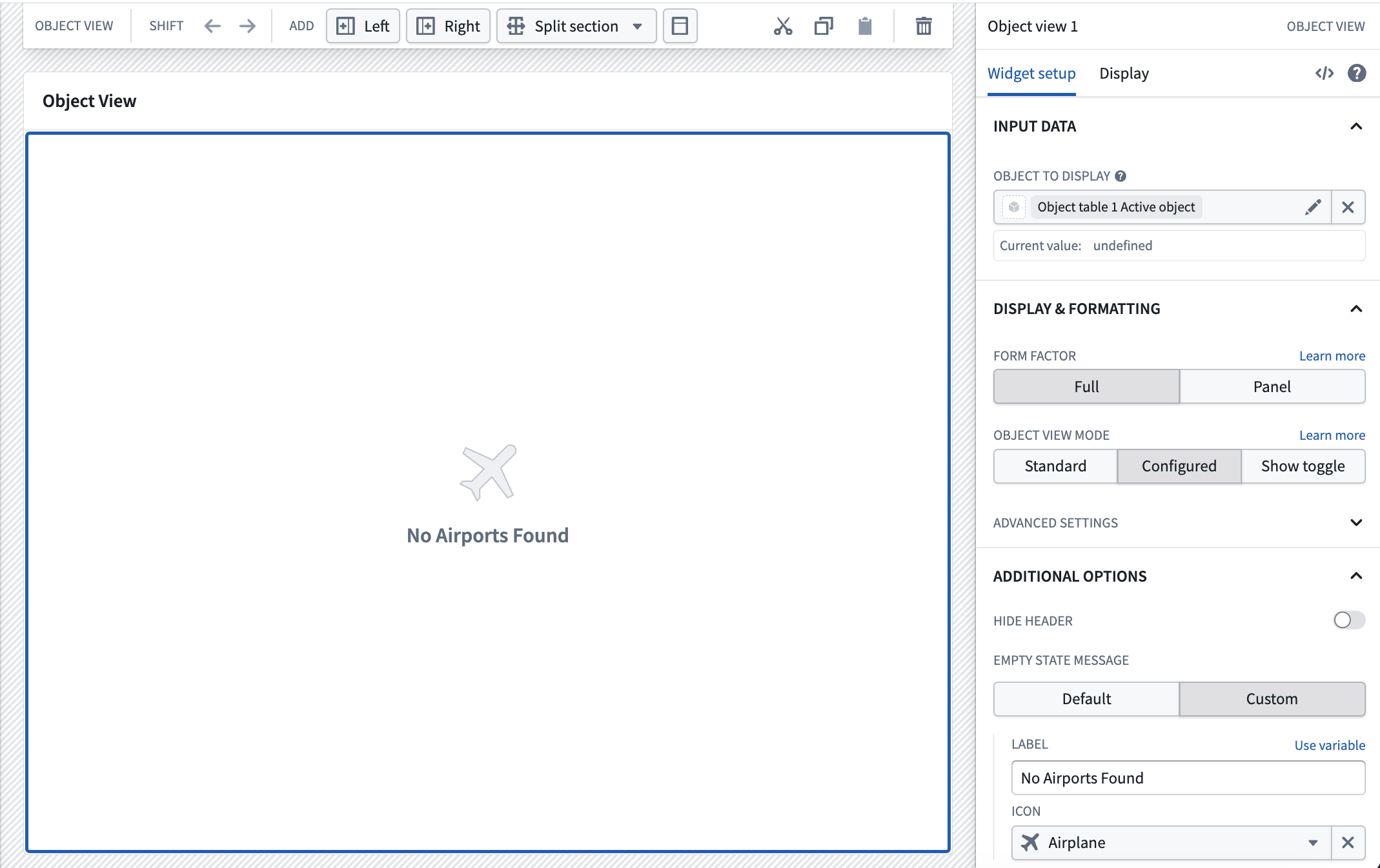 Object View widget custom empty state example