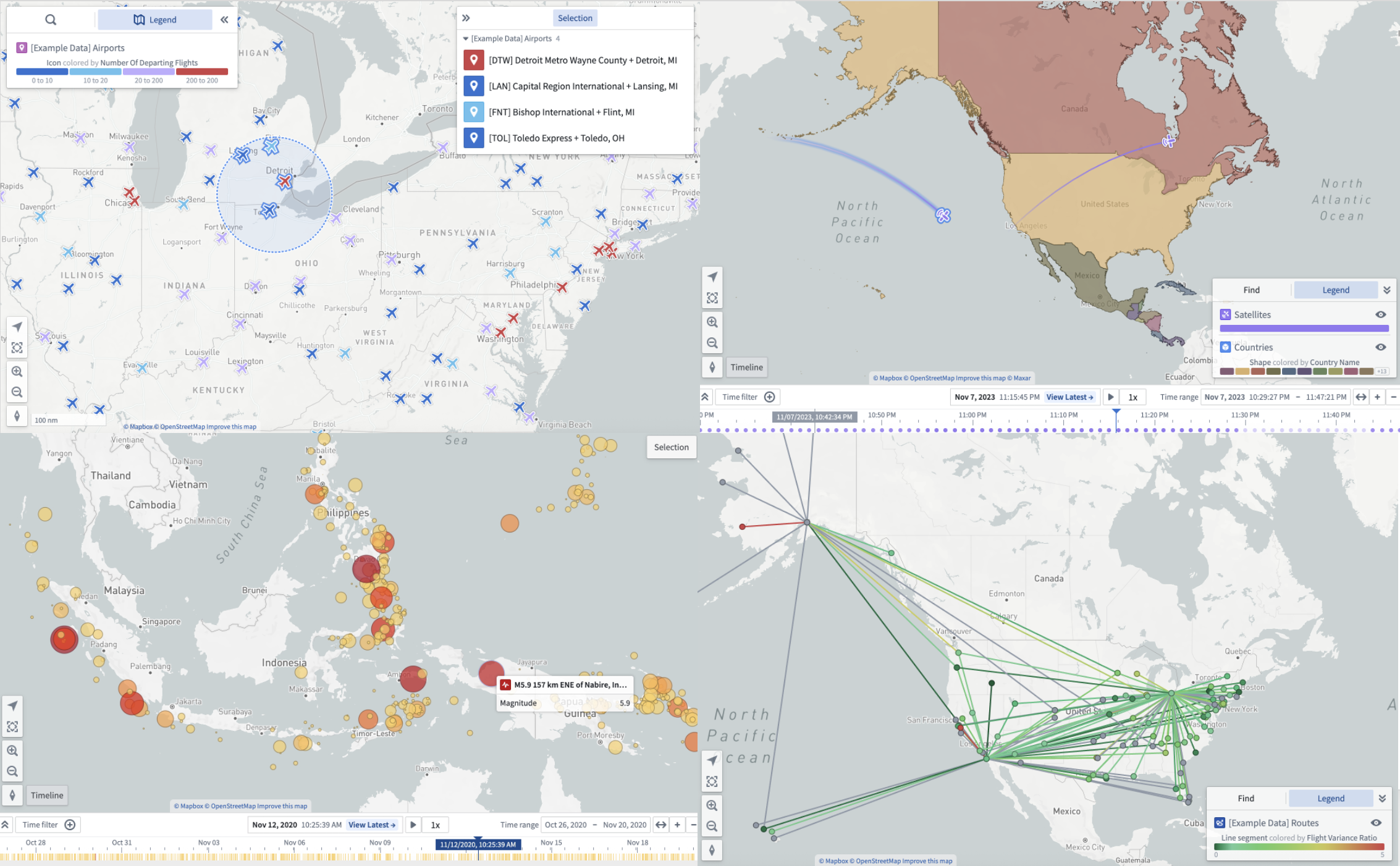 Four examples of maps with different layer configurations.