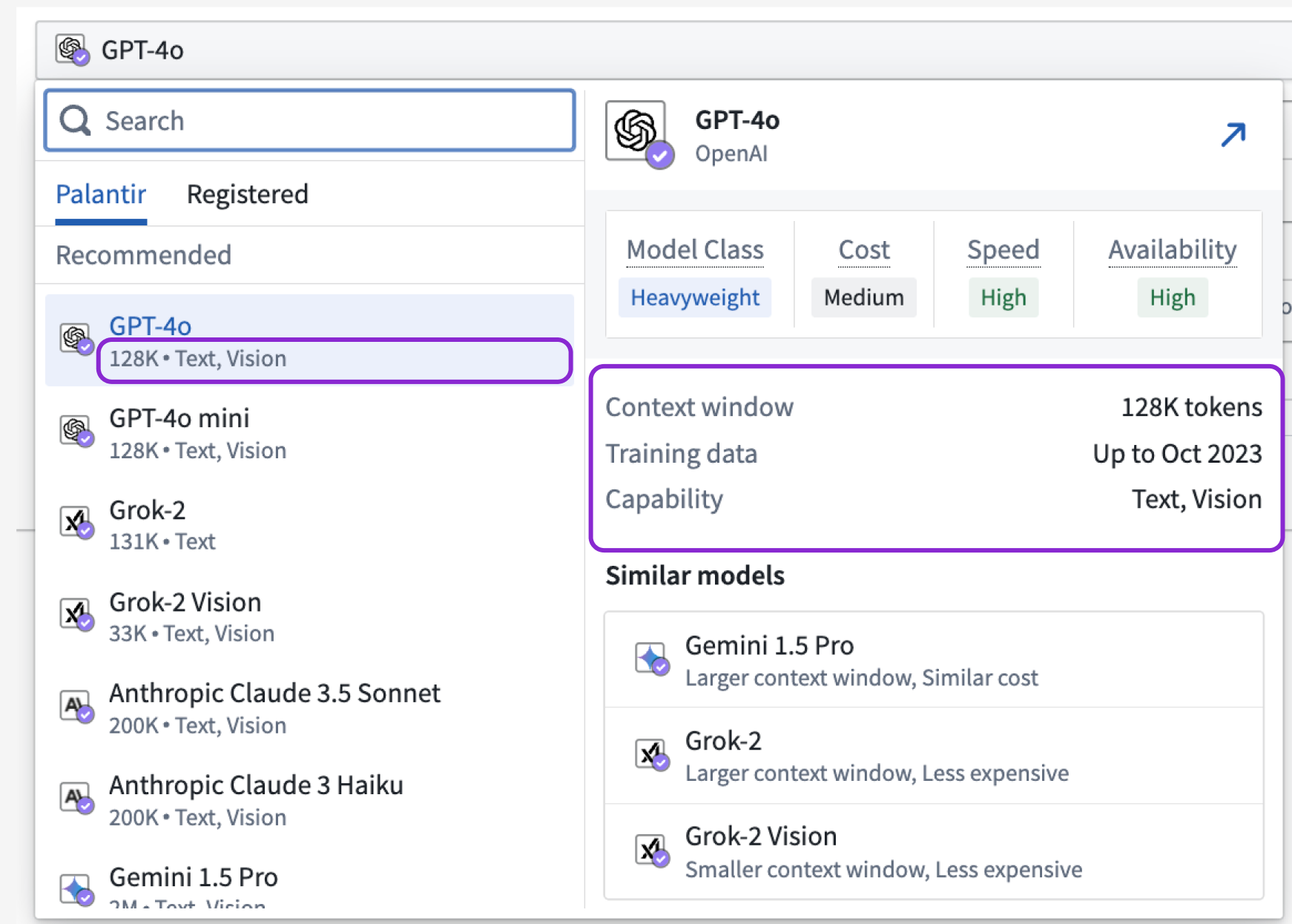 The Model Selector shows you model metadata at a glance when you hover over an LLM selection.