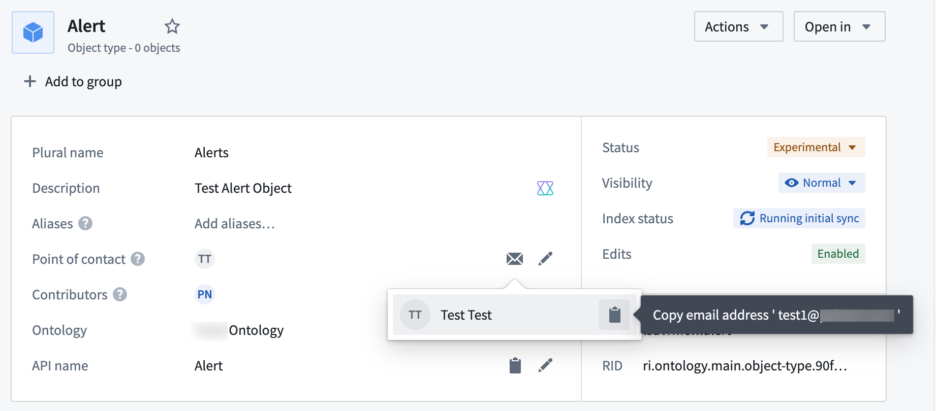 An individual point of contact is set for the Alert object type displaying the users name and email.