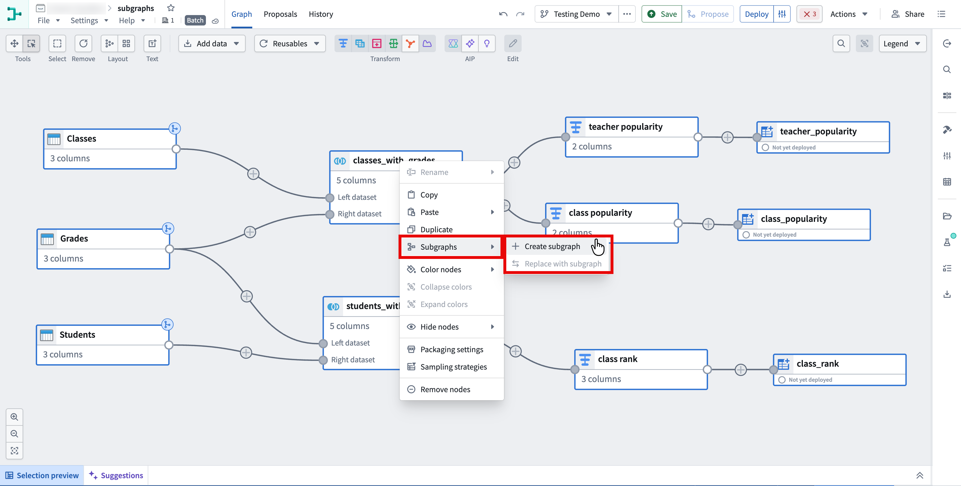 The selected pipeline nodes have a context menu open with the Subgraphs menu expanded and Create subgraph highlighted.