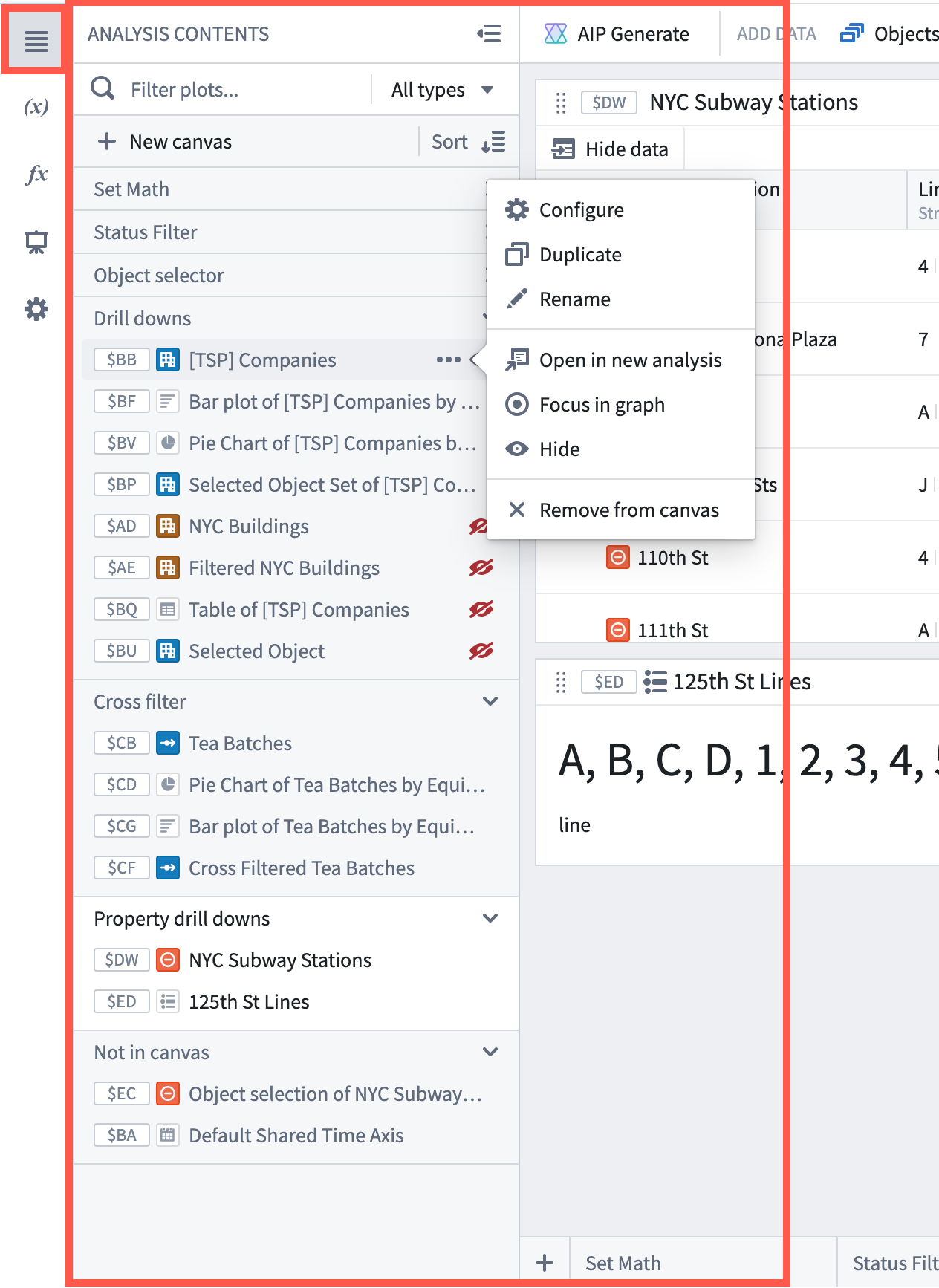 Analysis Contents panel in canvas mode
