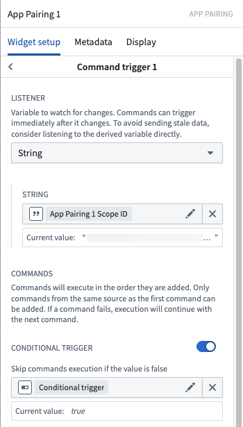 The command trigger configuration window in the App Pairing widget is displayed.