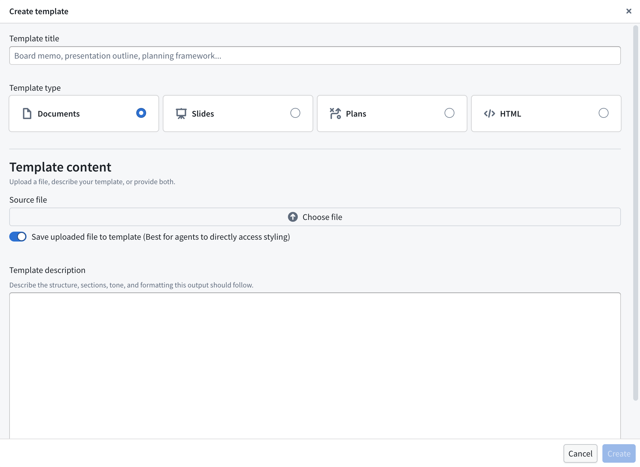 The Create template dialog provides template types, a source file upload, and a template description.