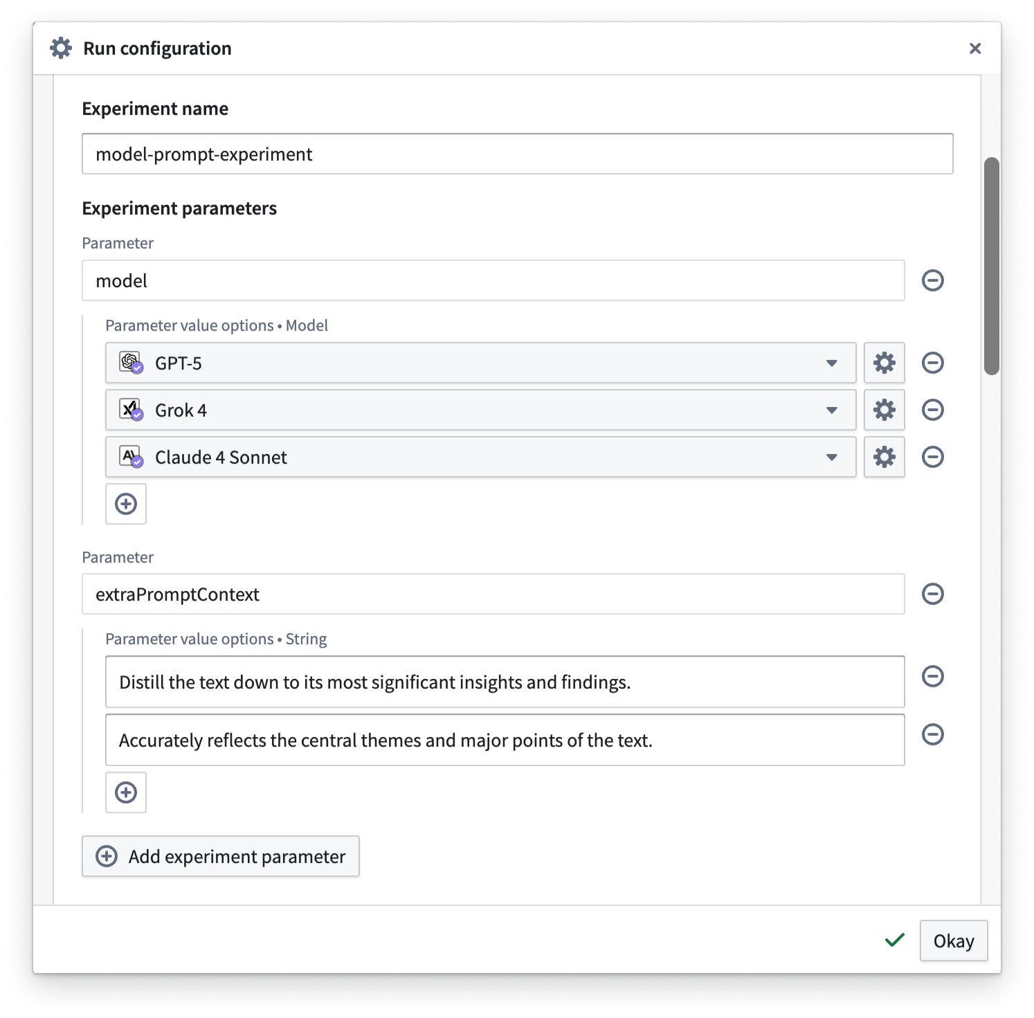 Defining experiment parameters in the Run configuration dialog.