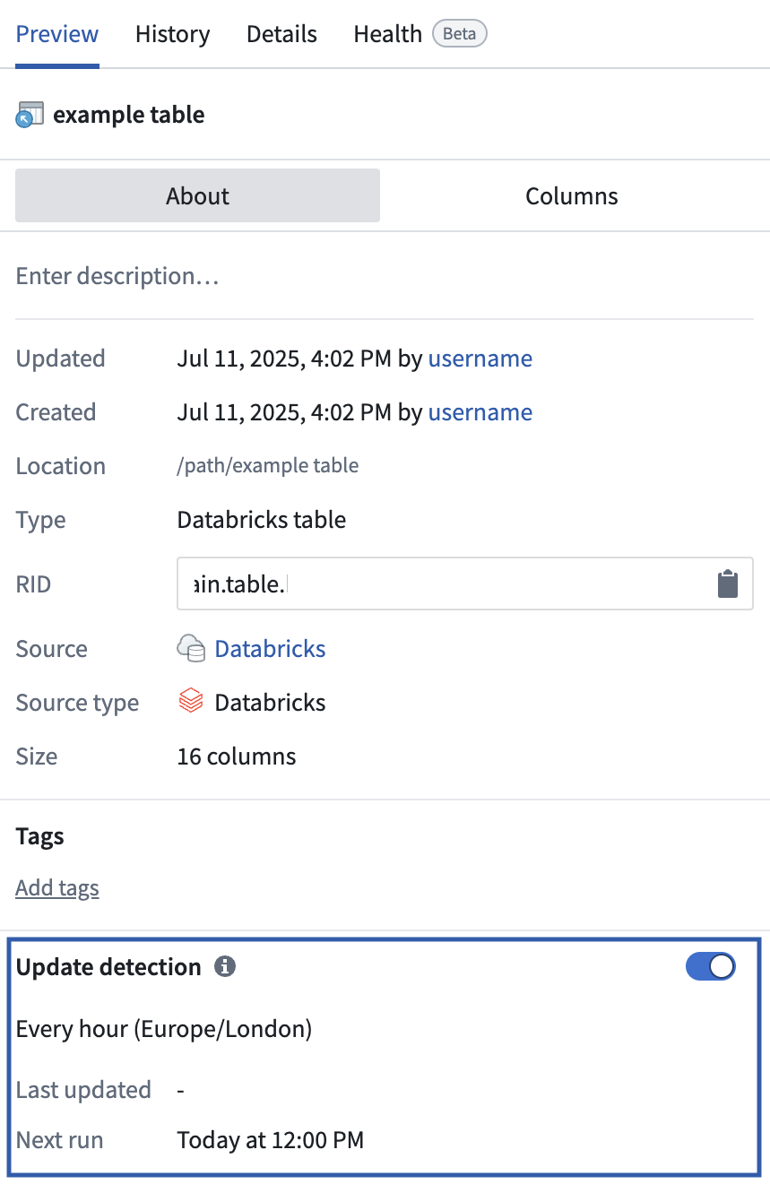 Enabling update detection in the left panel.