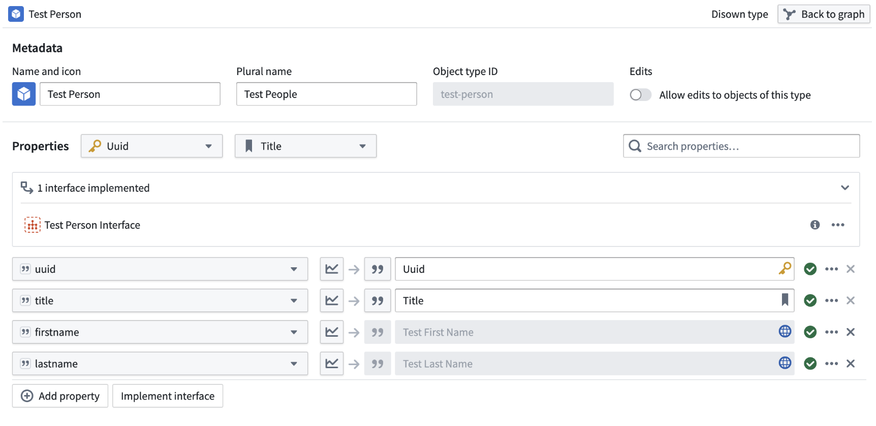 The Person object created in Pipeline Builder that implements the Test Person Interface.