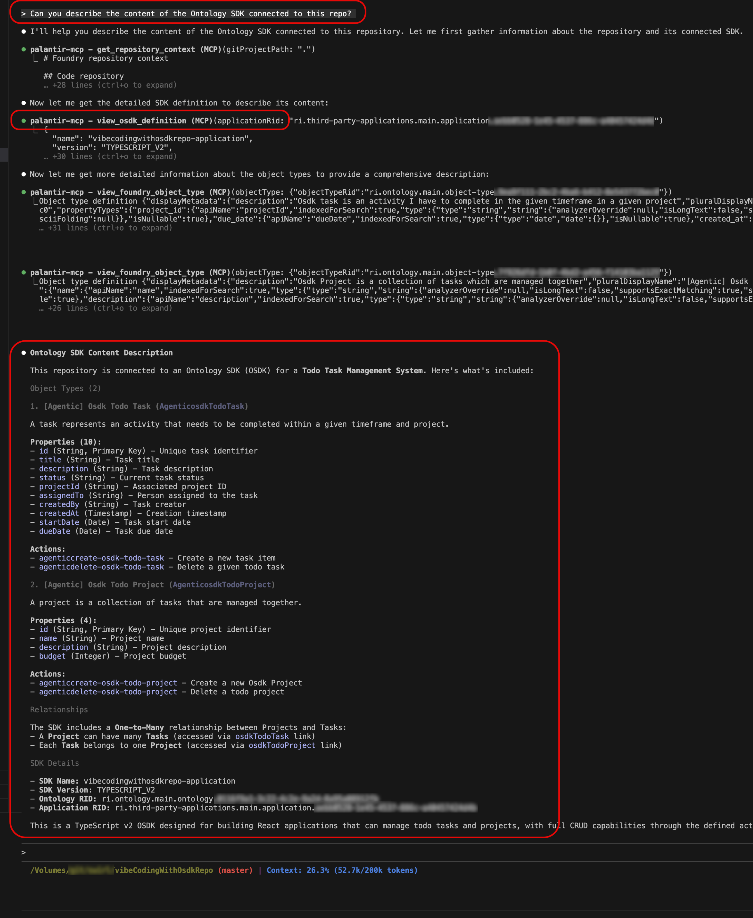 The view-osdk-definition tool displaying SDK structure with object types properties and relationships in the IDE.