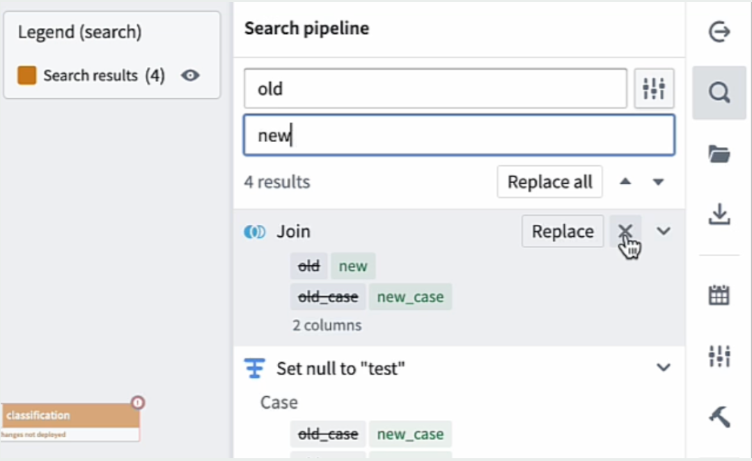 The replace columns interface displaying search results and the option to Replace and Replace all