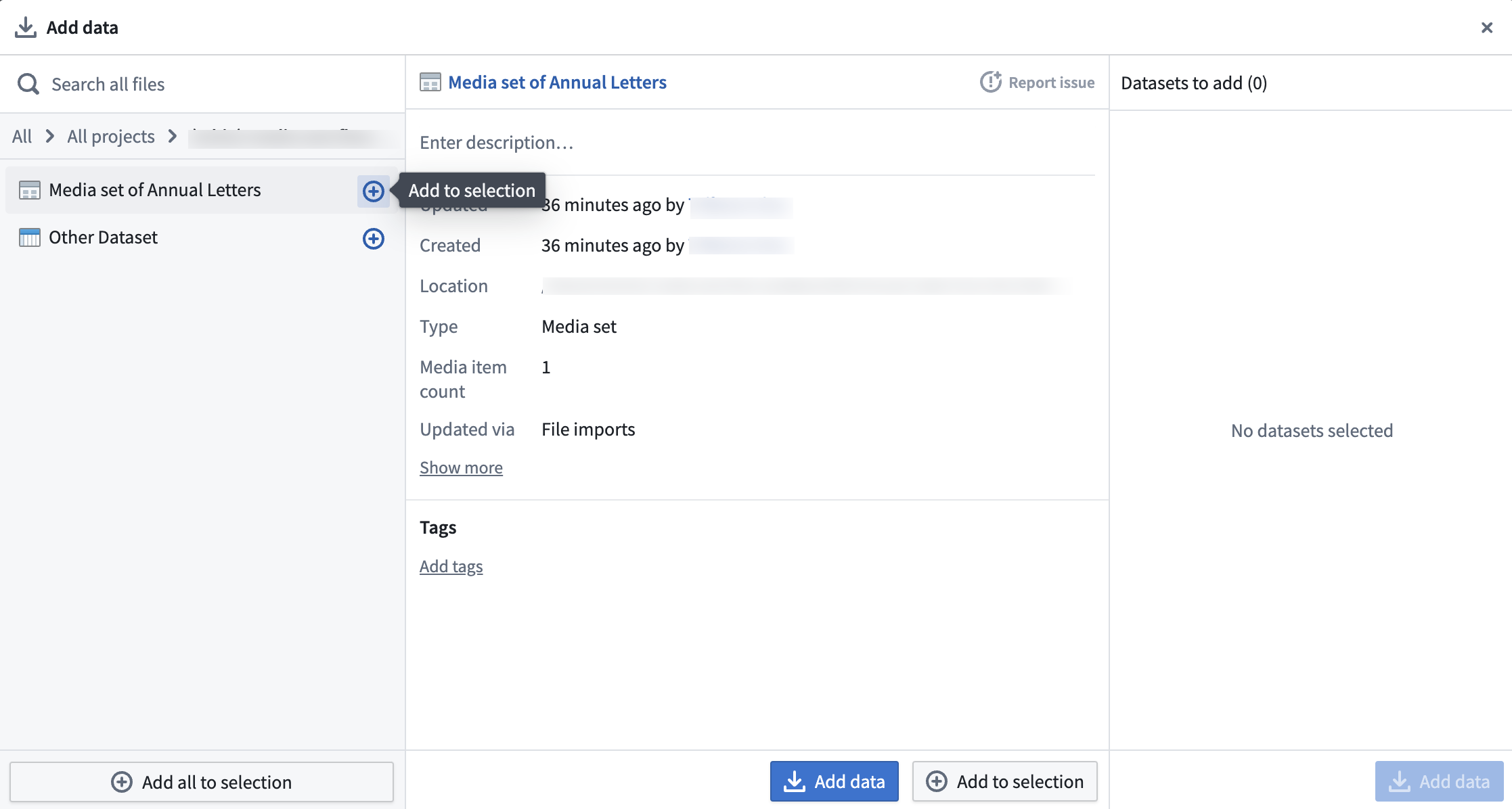 Screenshot of Add media set from location popover