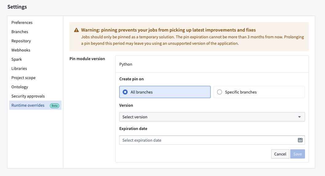 Creating a pin on all branches
